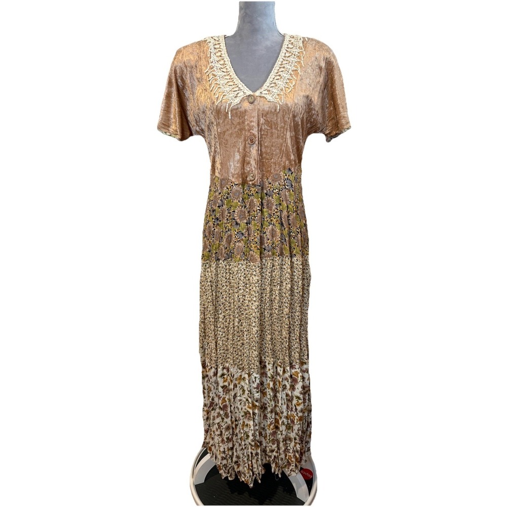 Vintage 90s Lew Magram Collection Cottage Core Mixed Media Midi Maxi Dress MED